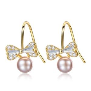 •Delicate Bow Hooks 925 Silver Gold Plated Real Freshwater Pearl Stud Earrings